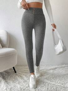 SHEIN Essnce Women's Button Decorated Thermal Lined Leggings - Dark Grey - View 5