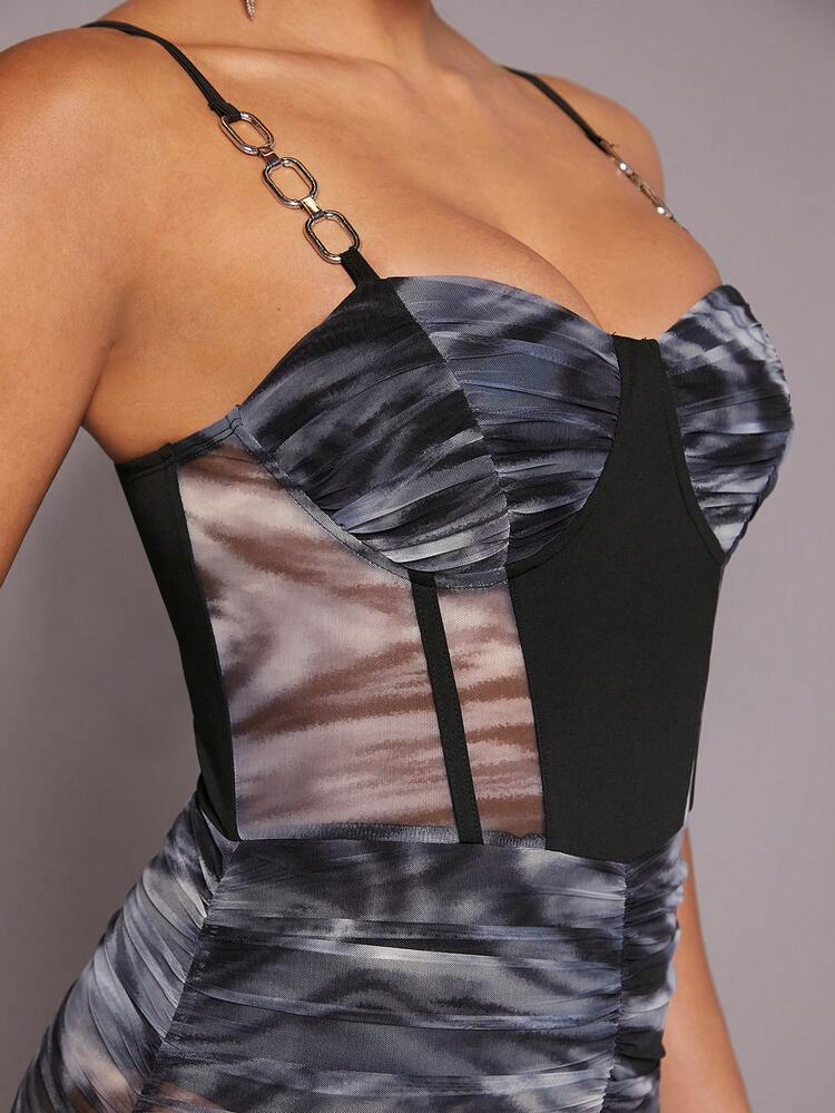 Marble Print Sheer Chain Strap Dress