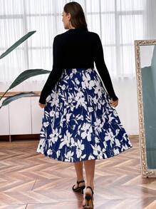 SHEIN Clasi Plus Size Floral Print Pleated Hem Belted Dress - Blue - View 2