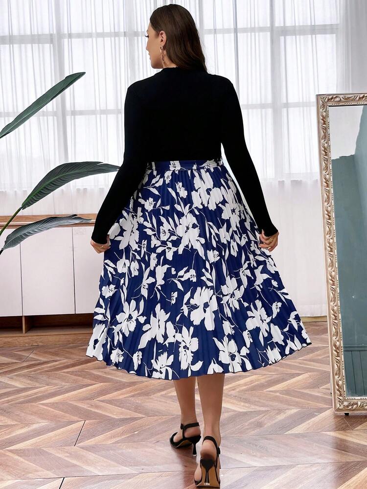 Plus Size Floral Print Pleated Hem Belted Dress