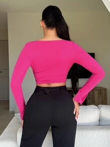 SHEIN SXY 女士短版t恤,十字織帶設計 - 玫紅色 - 查看 2