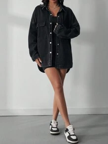 SHEIN EZwear Denim Jacket With Flap Pockets And Drop Shoulder