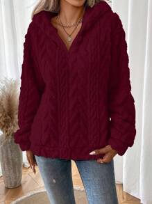 SHEIN LUNE 女式小麥簇絨紋理毛絨運動衫 - 酒紅色 - 查看 4