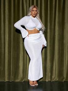 SHEIN SXY Plus Size Plain Bell Sleeve Crop Top And Mermaid Skirt Set