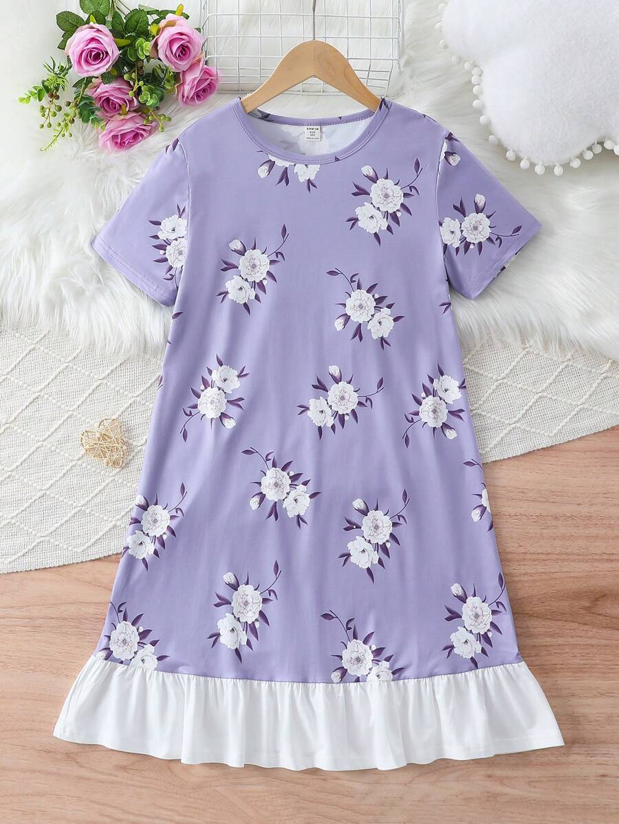 青少年女孩紫色花卉印花睡衣裙 - 紫色 - 查看 1