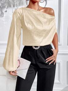 Allurite 不對稱領口燈籠袖襯衫 - 香檳色 - 查看 3