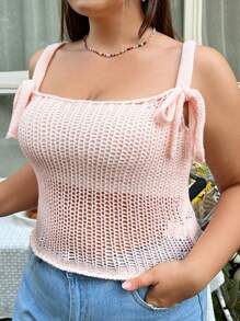 SHEIN Qutie Plus Size Hollow Out Knitted Camisole Top - Baby Pink - View 4