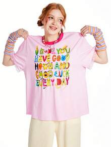 SHEINNeu 儿童风卡通图案字母撞色T恤 粉色宽松T恤 生日情人节露脐上衣 图案T恤 工作女装 春假粉色女装 约会之夜上衣 夏季 - 粉色 - 查看 5