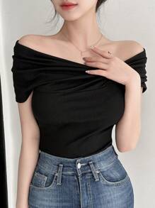 DAZY Women's Elegant Solid Color Off-Shoulder Ruched Fitted T-Shirt,Off Shoulder Top - Black - View 2