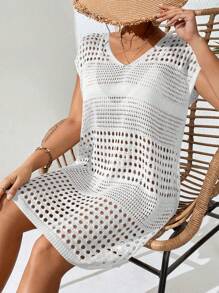 Breezaya 女士度假休闲纯色镂空针织罩衫 - 白色 - 查看 6