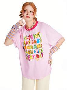 SHEINNeu 儿童风卡通图案字母撞色T恤 粉色宽松T恤 生日情人节露脐上衣 图案T恤 工作女装 春假粉色女装 约会之夜上衣 夏季 - 粉色 - 查看 6