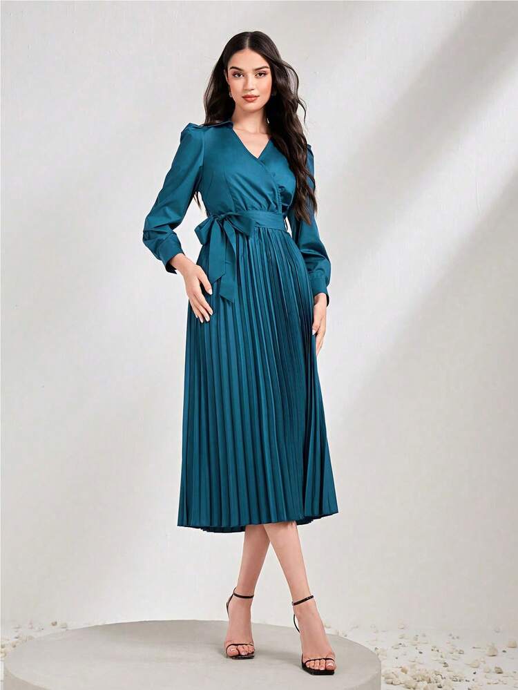 Women'S Solid Color Pleated Hem Wrap Belted Dress Long Evening Dresses Fall Cloth For Women