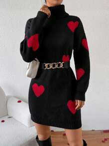 Chiquease 休閒女士心形圖案高領針織連衣裙