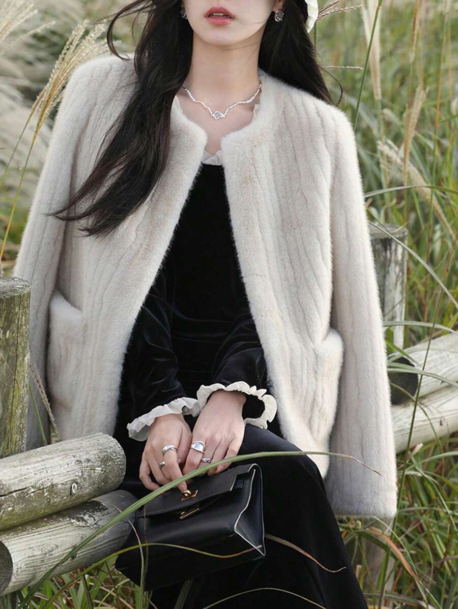 Round Neck Mink Fur Coat - Beige - View 1