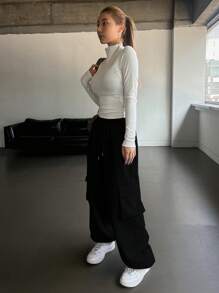 DAZY Pantalones de chándal con cordón en la cintura y bolsillos para mujer - Negro - Ver 4