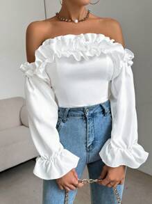 Chiquease Off-The-Shoulder Ruffle Trim Blouse Fall Cloth For Women - White - View 4