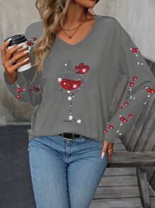 SHEIN LUNE Ladies' Wine Glass Print T-Shirt - Grey - View 4