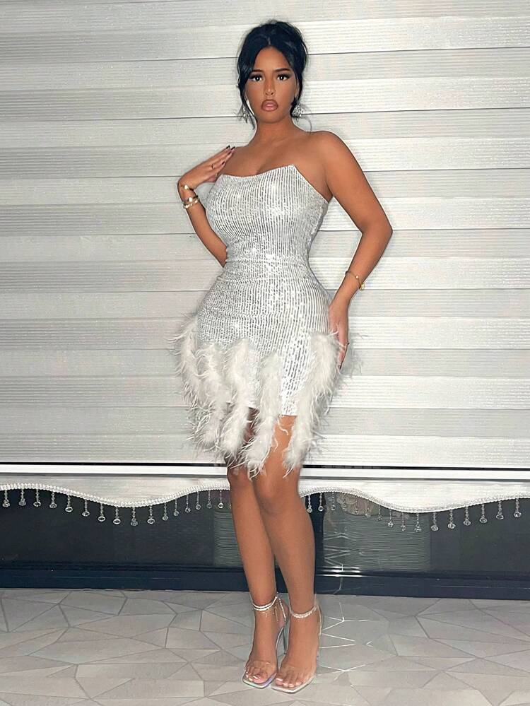 Sparkle & Patchwork Strapless Mini Dress For Women, Perfect For Valentine's Day, New Year's Eve, 5-Day Party Or Spring Party