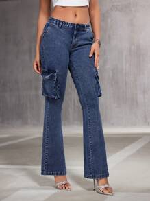 SHEIN BAE 女士貨櫃風口袋喇叭褲 - 藍色 - 查看 4