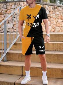 Manfinity Roughcore Hombres Shorts con camiseta con estampado de dibujos animados de color combinado - Amarillo - Ver 1