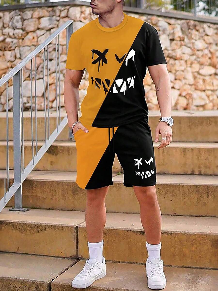 Manfinity Roughcore Hombres Shorts con camiseta con estampado de dibujos animados de color combinado - Amarillo - Ver 1