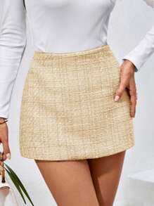 Firerie Woolen Elegant Solid Color Straight Mini Skirt - Apricot - View 4