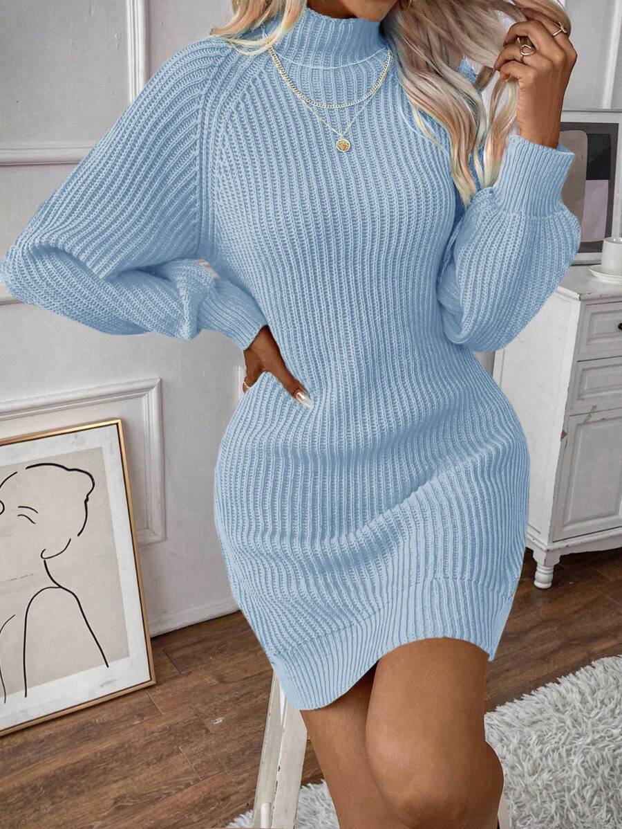 SHEIN Clasi 女士純色立領毛衣連衣裙 - 淺藍色 - 查看 1