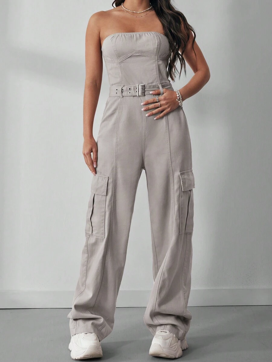 SHEIN EZwear Denim Jumpsuit With Braces, Cargo Style - Light Grey - View 1