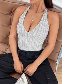 SHEIN EZwear Grey Knitted Bodysuit With Ribbed Texture And Halter Neck - Grey - View 6