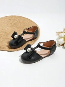 حذاء مسطح أسود للأطفال بتفاصيل لؤلؤ وعقدة