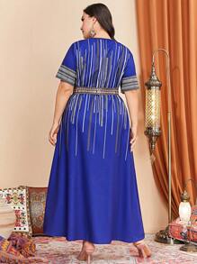 Al Najma Plus Striped Print Belted Dress Kaftan Jalabiya Dress - Royal Blue - View 2