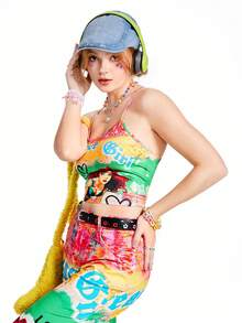 SHEINNeu Kidcore 多巴胺卡通圖案人物印花與油畫復古印花女用吊帶上衣 - 彩色 - 查看 5