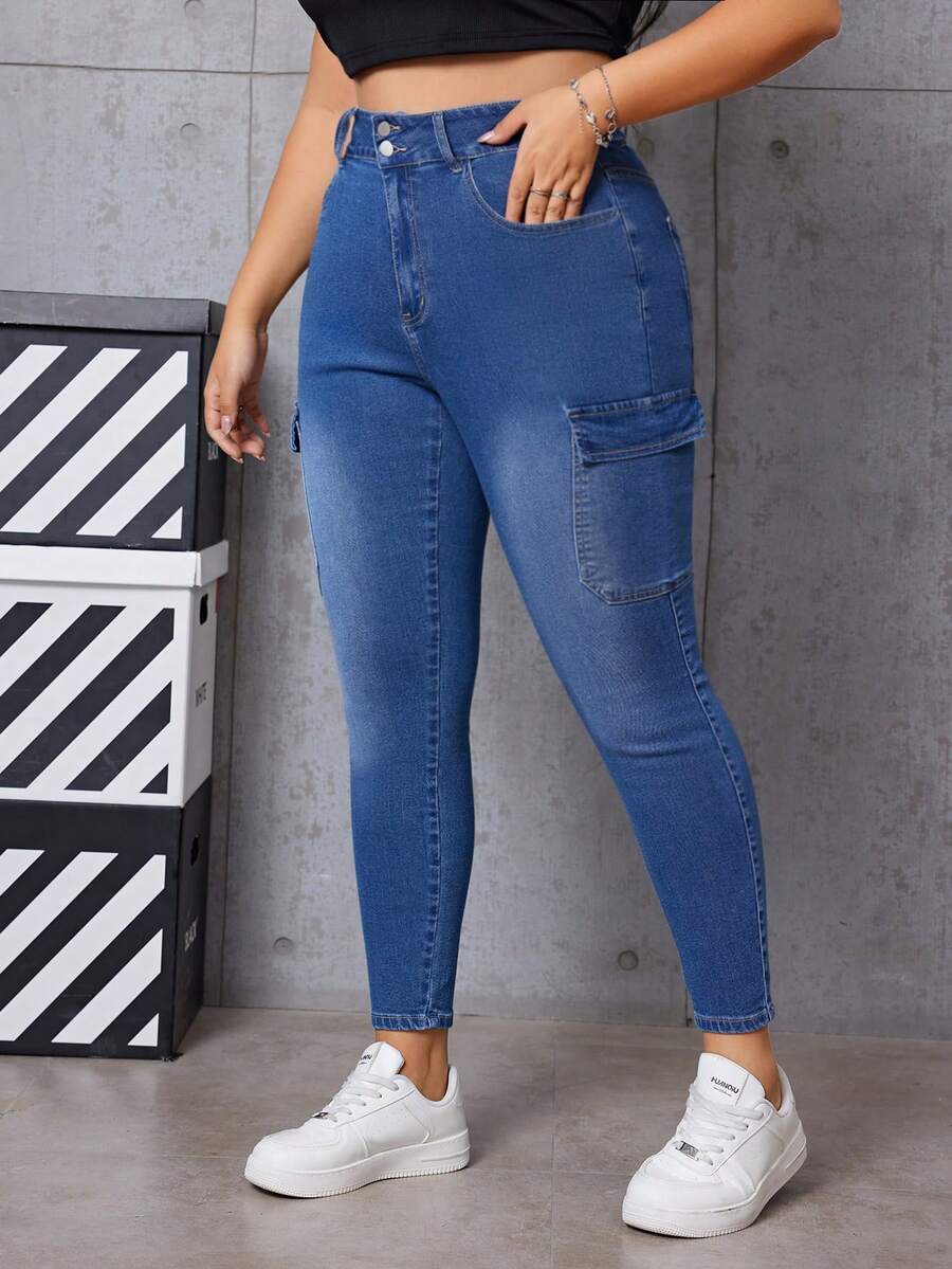 SHEIN EZwear Plus Size Women's Cargo Style Denim Pants With Pockets for
