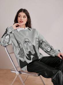 Mulvari Của phụ nữ Hoạt hình Nhân vật In Vòng cổ Thả vai Lông cừu Áo nỉ - Xám - Xem 2