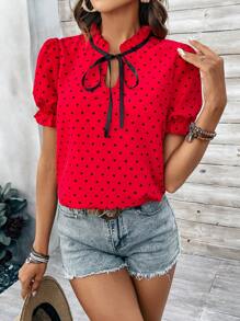 Chiquease Kontrastowa Kolorowa Bluzka W Kropki Z Nadrukiem I Wiązanym Kołnierzem Na Ubrania Noworoczne, Bluzki Z Krótkim Rękawem