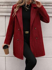 SHEIN Frenchy Women's Double Breasted Herringbone Blazer - Burgundy - View 6