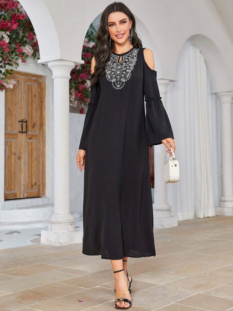 Keyhole Neckline Cut-Out Shoulder Dress Long Evening Dresses Fall Cloth For Women