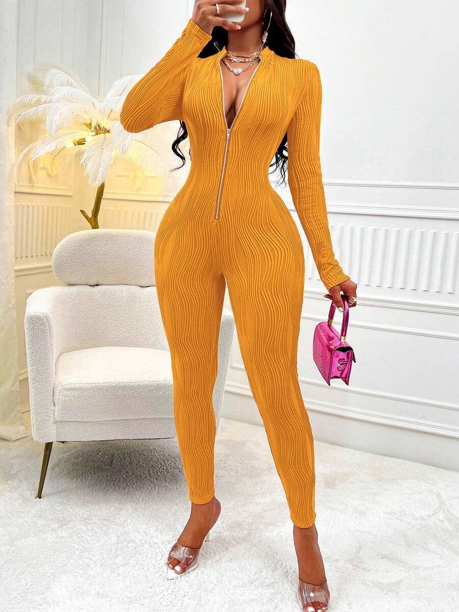 SHEIN Slayr Solid Color Front Zipper Jumpsuit - Orange - View 1