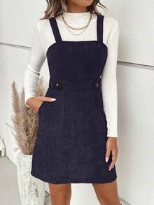 SHEIN Clasi Solid Color Corduroy Sleeveless Dress - Navy Blue - View 3