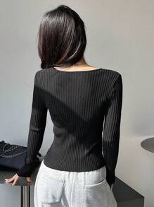 DAZY Áo len dài tay ôm dáng màu trơn phong cách công sở thường ngày, quần áo mùa thu cho nữ - màu đen - Xem 2