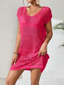 Breezaya Ladies' Hollow Out Batwing Short Sleeve Cover Up Dress Summer - Hot Pink - View 3