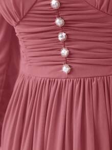Modelyn Solid Color Pleated Leg-Of-Mutton Sleeve Ladies' Dress Long Evening Dresses - Pink - View 3