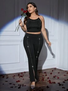 SHEIN Privé 大码情人节彩色方块链条喇叭腿高开叉优雅裤 - 黑色 - 查看 6