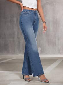 SHEIN Privé 水洗喇叭牛仔褲 - 藍色 - 查看 4