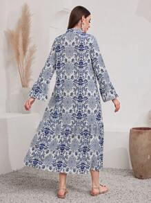 Al Najma Printed Notched Hemline Modest Long Sleeve Dress