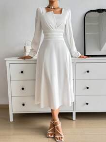 SHEIN Privé Ladies' Solid Color Asymmetric Neckline & Waist Ruffle Trim Umbrella Dress - White - View 2