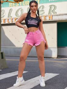 Distressed Slim Fit Denim Shorts - Pink - View 2