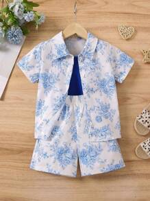 SHEIN 幼兒女孩藍色花卉短袖襯衫、吊帶上衣和短褲 3 件/套 - 藍白色 - 查看 6