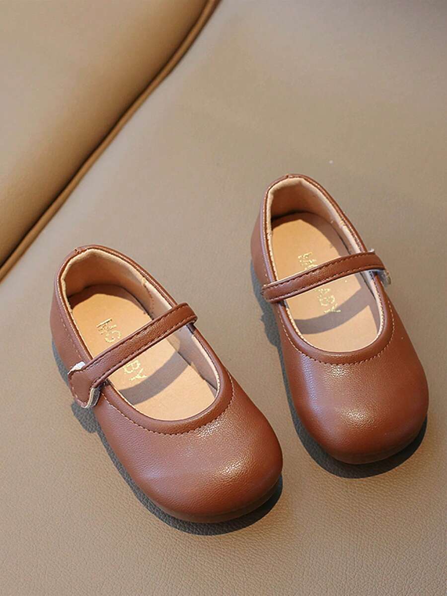 Children's Flat Shoes Girls' Brown Shoes With Hook And Loop Closure Solid Color Leather Shoes - Brown - View 1