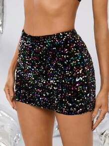 SHEIN BAE High Waist Sparkle Mini Skirt - Purple - View 1